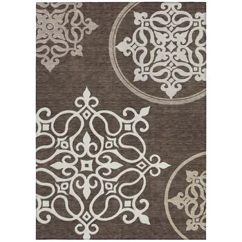 9' X 12' Chocolate Floral Medallion Washable Indoor Outdoor Area Rug