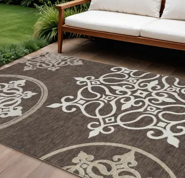 9' X 12' Chocolate Floral Medallion Washable Indoor Outdoor Area Rug