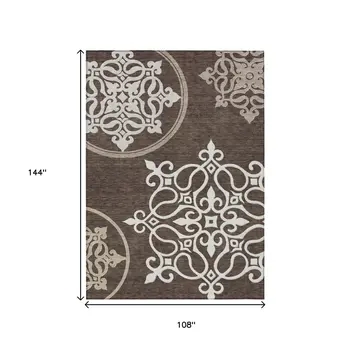 9' X 12' Chocolate Floral Medallion Washable Indoor Outdoor Area Rug