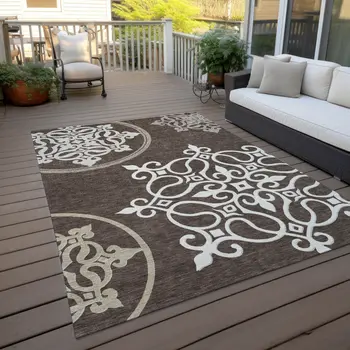 9' X 12' Chocolate Floral Medallion Washable Indoor Outdoor Area Rug