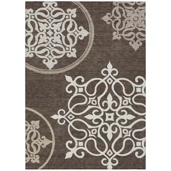 9' X 12' Chocolate Floral Medallion Washable Indoor Outdoor Area Rug
