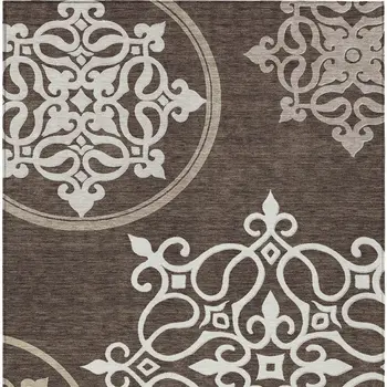 9' X 12' Chocolate Floral Medallion Washable Indoor Outdoor Area Rug