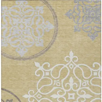 3' X 5' Gold Ivory And Gray Floral Medallion Washable Indoor Outdoor Area Rug