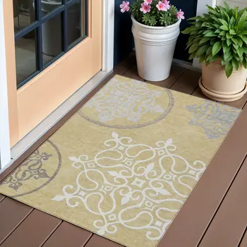 3' X 5' Gold Ivory And Gray Floral Medallion Washable Indoor Outdoor Area Rug