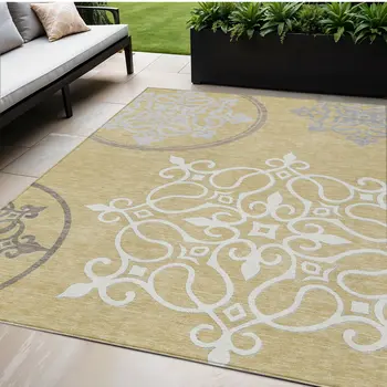 5' X 8' Gold Ivory And Gray Floral Medallion Washable Indoor Outdoor Area Rug