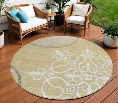 8' Gold Ivory And Gray Round Floral Medallion Washable Indoor Outdoor Area Rug