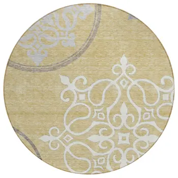 8' Gold Ivory And Gray Round Floral Medallion Washable Indoor Outdoor Area Rug