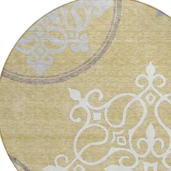 8' Gold Ivory And Gray Round Floral Medallion Washable Indoor Outdoor Area Rug