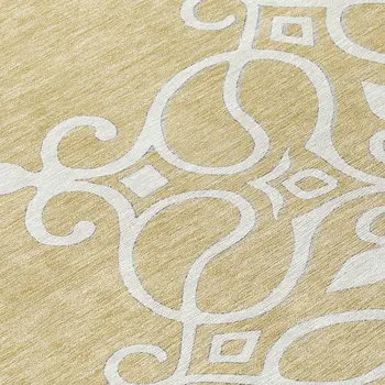8' Gold Ivory And Gray Round Floral Medallion Washable Indoor Outdoor Area Rug