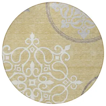 8' Gold Ivory And Gray Round Floral Medallion Washable Indoor Outdoor Area Rug