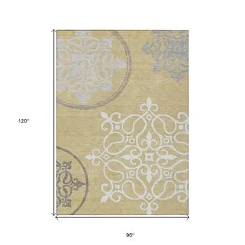 8' X 10' Gold Ivory And Gray Floral Medallion Washable Indoor Outdoor Area Rug