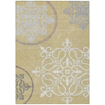 9' X 12' Gold Ivory And Gray Floral Medallion Washable Indoor Outdoor Area Rug