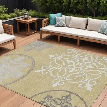 10' X 14' Gold Ivory And Gray Floral Medallion Washable Indoor Outdoor Area Rug