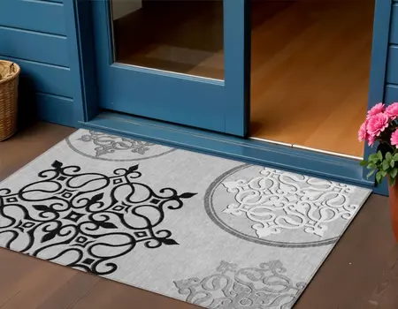 3' X 5' Gray Floral Medallion Washable Indoor Outdoor Area Rug