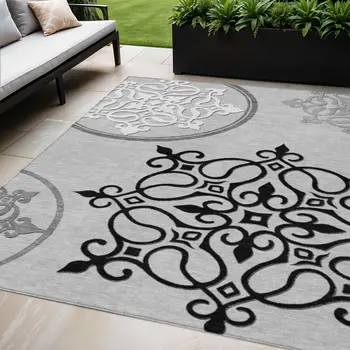 5' X 8' Gray Floral Medallion Washable Indoor Outdoor Area Rug