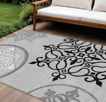 10' X 14' Gray Floral Medallion Washable Indoor Outdoor Area Rug