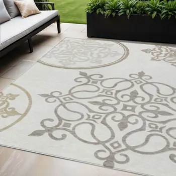 5' X 8' Ivory Floral Medallion Washable Indoor Outdoor Area Rug