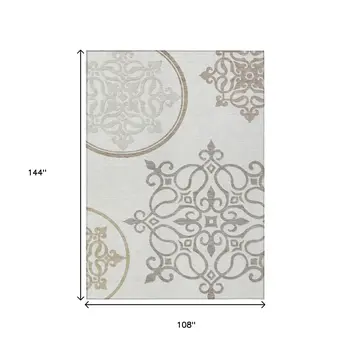 9' X 12' Ivory Floral Medallion Washable Indoor Outdoor Area Rug