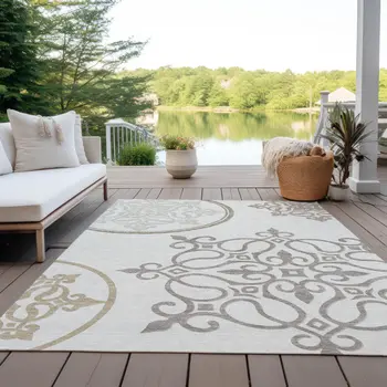 9' X 12' Ivory Floral Medallion Washable Indoor Outdoor Area Rug