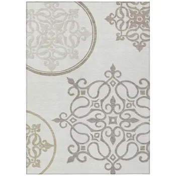 9' X 12' Ivory Floral Medallion Washable Indoor Outdoor Area Rug