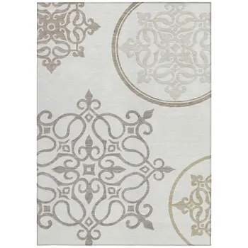 9' X 12' Ivory Floral Medallion Washable Indoor Outdoor Area Rug