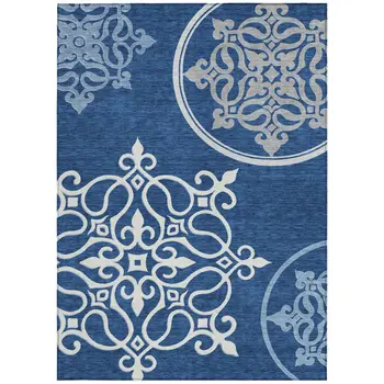 5' X 8' Navy Blue Floral Medallion Washable Indoor Outdoor Area Rug