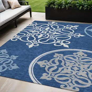 5' X 8' Navy Blue Floral Medallion Washable Indoor Outdoor Area Rug