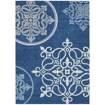 5' X 8' Navy Blue Floral Medallion Washable Indoor Outdoor Area Rug