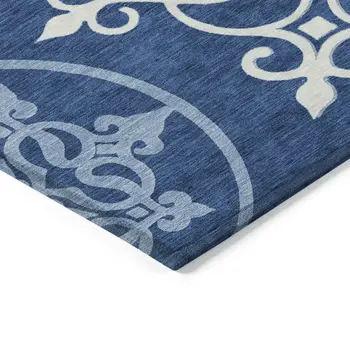 5' X 8' Navy Blue Floral Medallion Washable Indoor Outdoor Area Rug