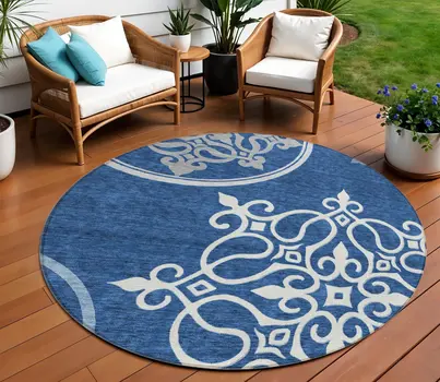 8' Navy Blue Gray And Ivory Round Floral Medallion Washable Indoor Outdoor Area Rug
