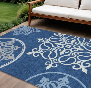 9' X 12' Navy Blue Floral Medallion Washable Indoor Outdoor Area Rug