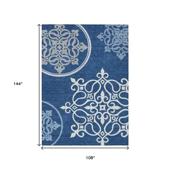 9' X 12' Navy Blue Floral Medallion Washable Indoor Outdoor Area Rug