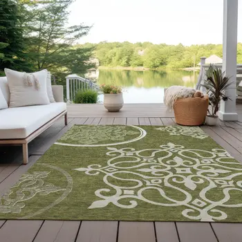 3' X 5' Olive Green Floral Medallion Washable Indoor Outdoor Area Rug