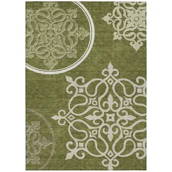 3' X 5' Olive Green Floral Medallion Washable Indoor Outdoor Area Rug