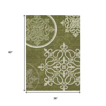 3' X 5' Olive Green Floral Medallion Washable Indoor Outdoor Area Rug