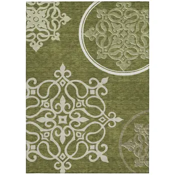 3' X 5' Olive Green Floral Medallion Washable Indoor Outdoor Area Rug