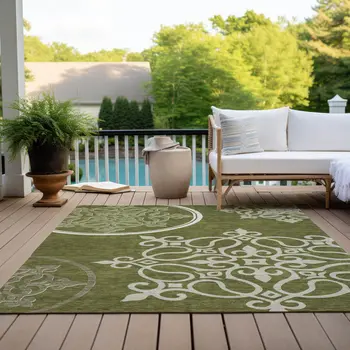 3' X 5' Olive Green Floral Medallion Washable Indoor Outdoor Area Rug