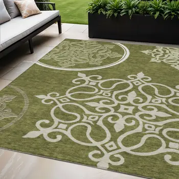 5' X 8' Olive Green Floral Medallion Washable Indoor Outdoor Area Rug