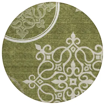 8' Olive Green Round Floral Medallion Washable Indoor Outdoor Area Rug