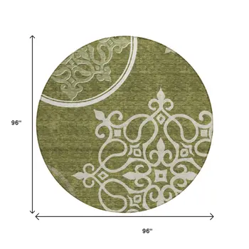 8' Olive Green Round Floral Medallion Washable Indoor Outdoor Area Rug