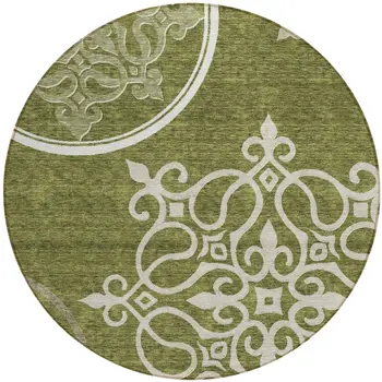 8' Olive Green Round Floral Medallion Washable Indoor Outdoor Area Rug