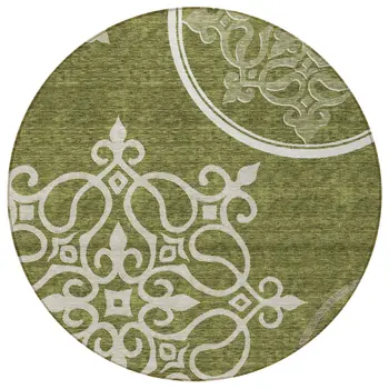 8' Olive Green Round Floral Medallion Washable Indoor Outdoor Area Rug