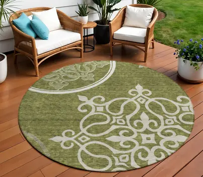 8' Olive Green Round Floral Medallion Washable Indoor Outdoor Area Rug