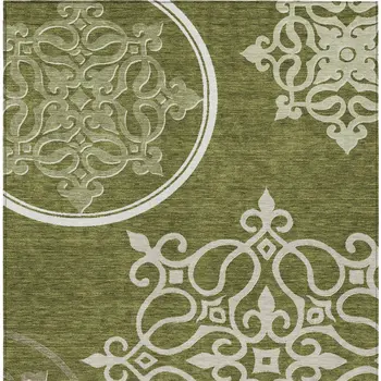 8' X 10' Olive Green Floral Medallion Washable Indoor Outdoor Area Rug