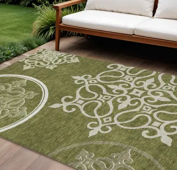 8' X 10' Olive Green Floral Medallion Washable Indoor Outdoor Area Rug