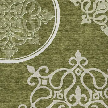 8' X 10' Olive Green Floral Medallion Washable Indoor Outdoor Area Rug