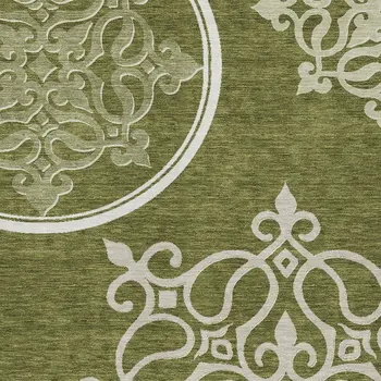 9' X 12' Olive Green Floral Medallion Washable Indoor Outdoor Area Rug