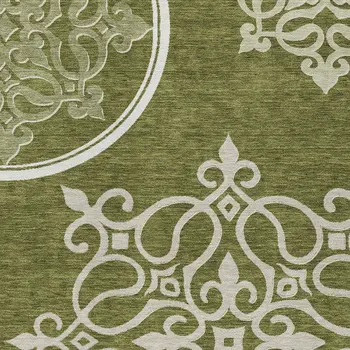 10' X 14' Olive Green Floral Medallion Washable Indoor Outdoor Area Rug