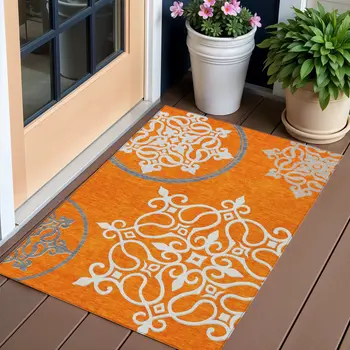 3' X 5' Orange Gray And Ivory Floral Medallion Washable Indoor Outdoor Area Rug