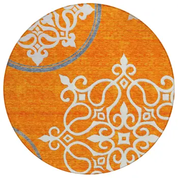 8' Orange Gray And Ivory Round Floral Medallion Washable Indoor Outdoor Area Rug